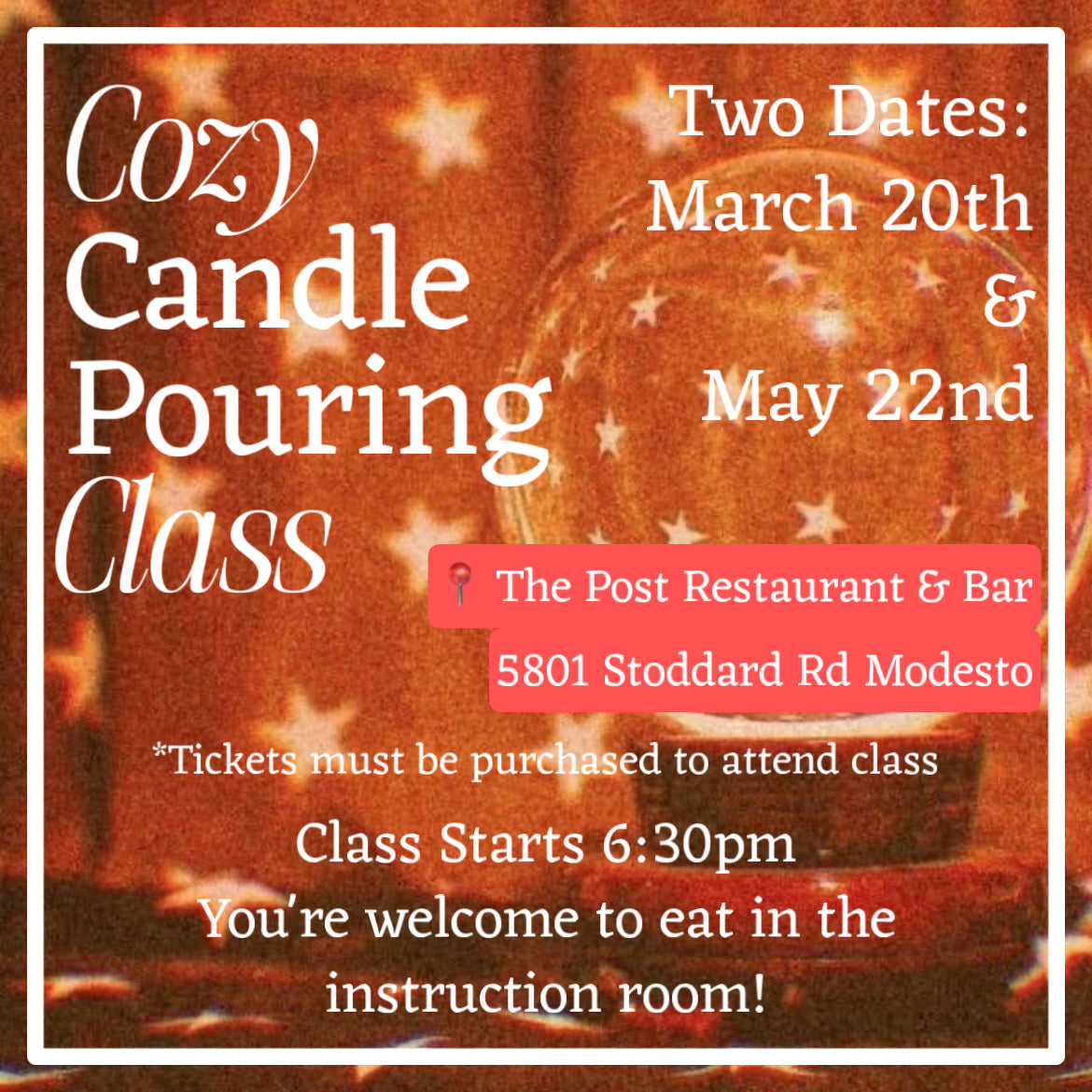 Cozy Candle Making Class | The Post Restaurant | Two Dates | Candle Pouring Class | Digital Ticket